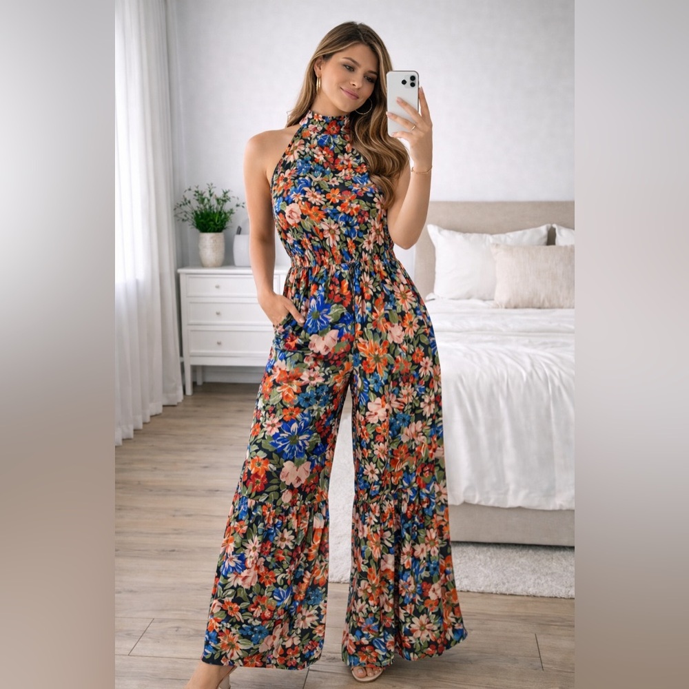 Zara Multicolor Floral Halter Wide-Leg Jumpsuit